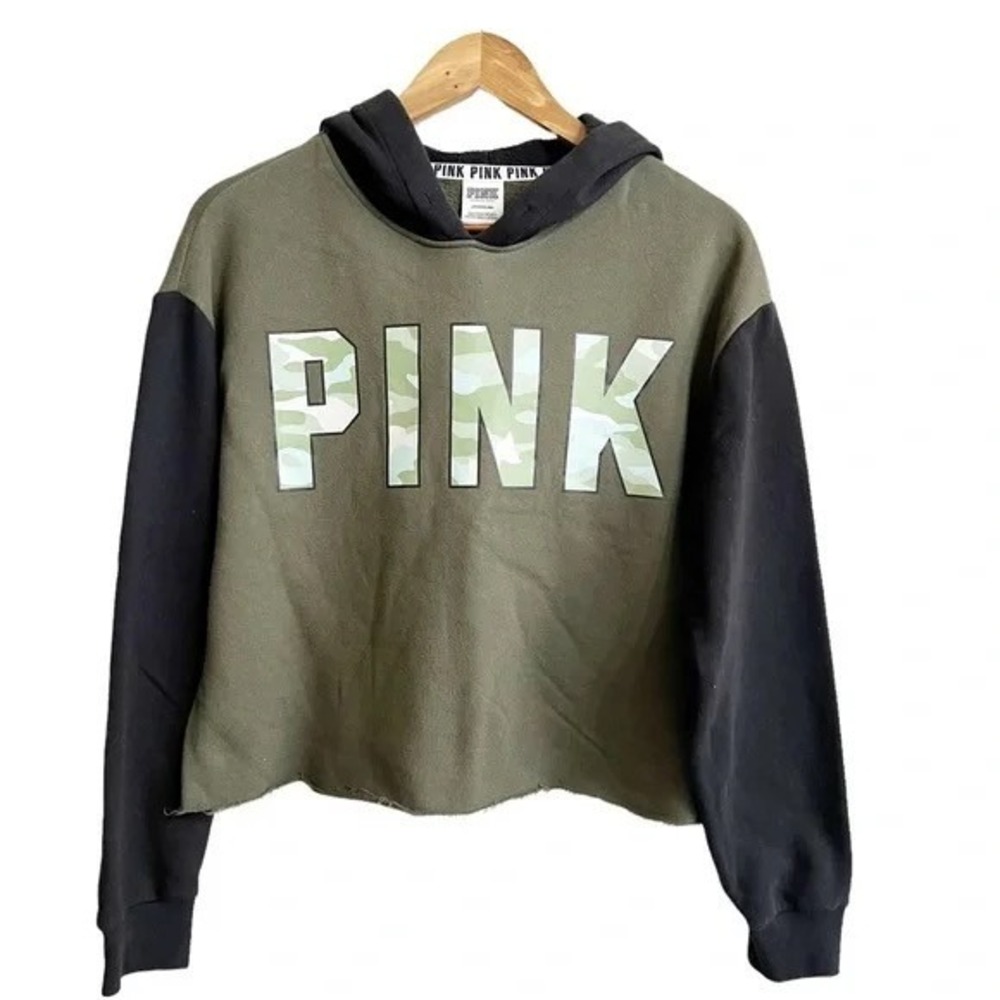 Victoria's Secret PINK Cropped‎ Hoodie Olive Green Black Camo Logo Small
